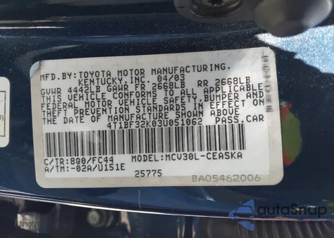 2003 Toyota Camry Le/Xle/Se from USA, damaged, VIN 4T1BF32K03U051062